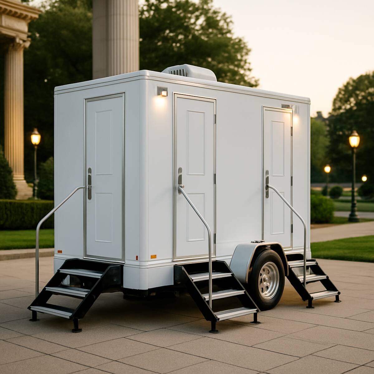 Luxury restroom trailer setup overlooking Empire State Plaza